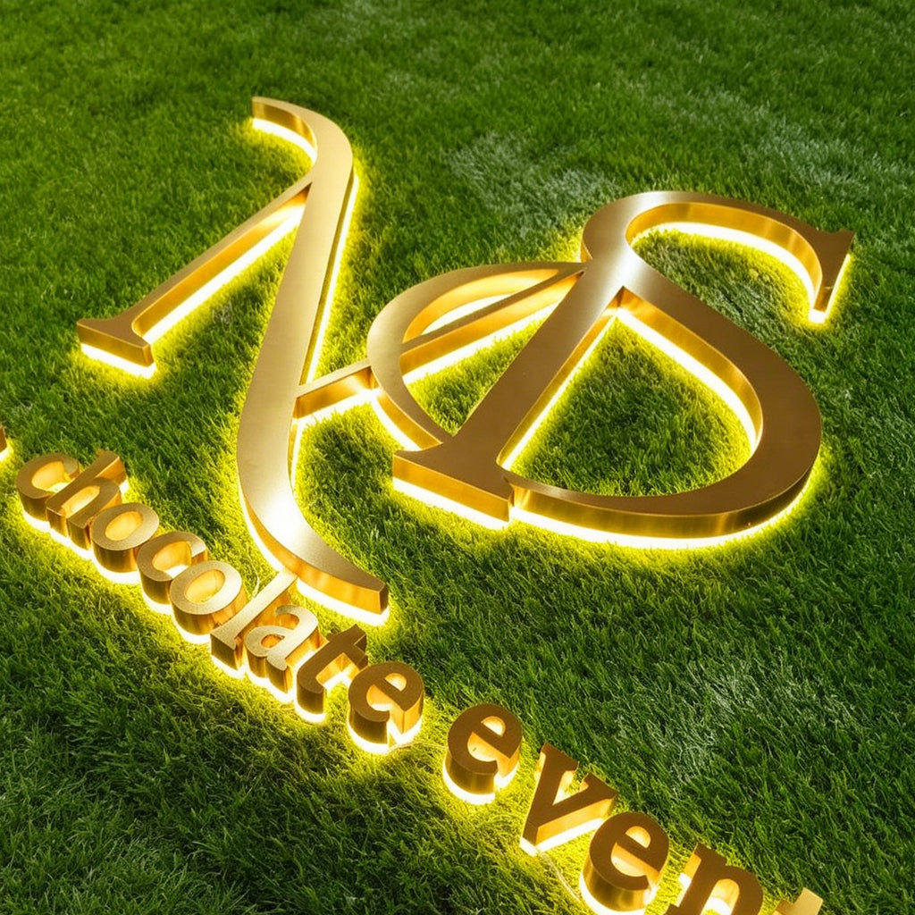 Custom LED Gold Mirror backlit Channel Letters |Illuminated Company Logo Sign