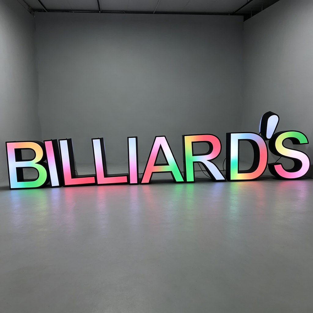 Custom Trim Cap Channel Letters|RGB LED Billiards Sign|Indoor&Outdoor Business Sign