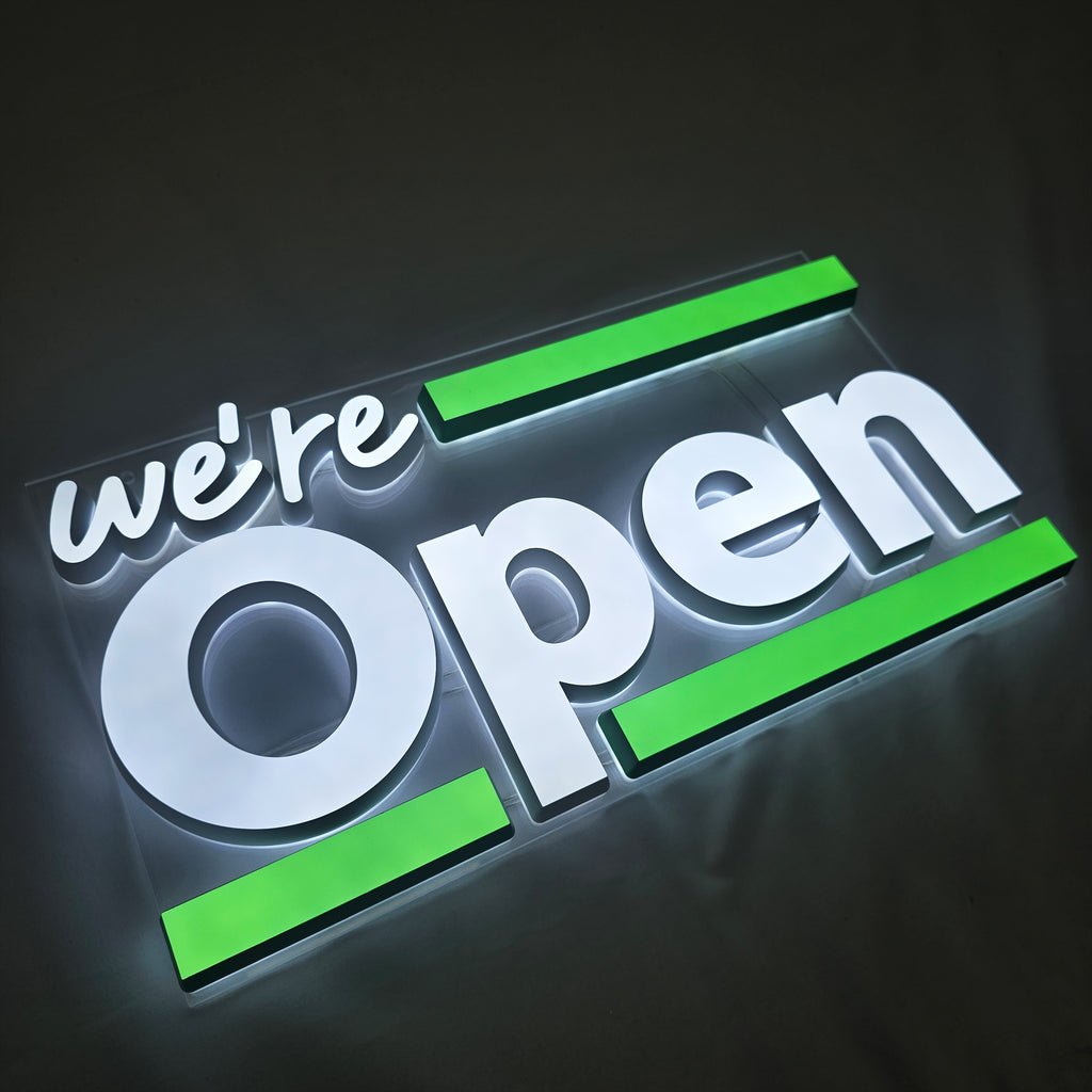 Custom Dual-Lit Acrylic Letters | LED Storefront Open Business Sign