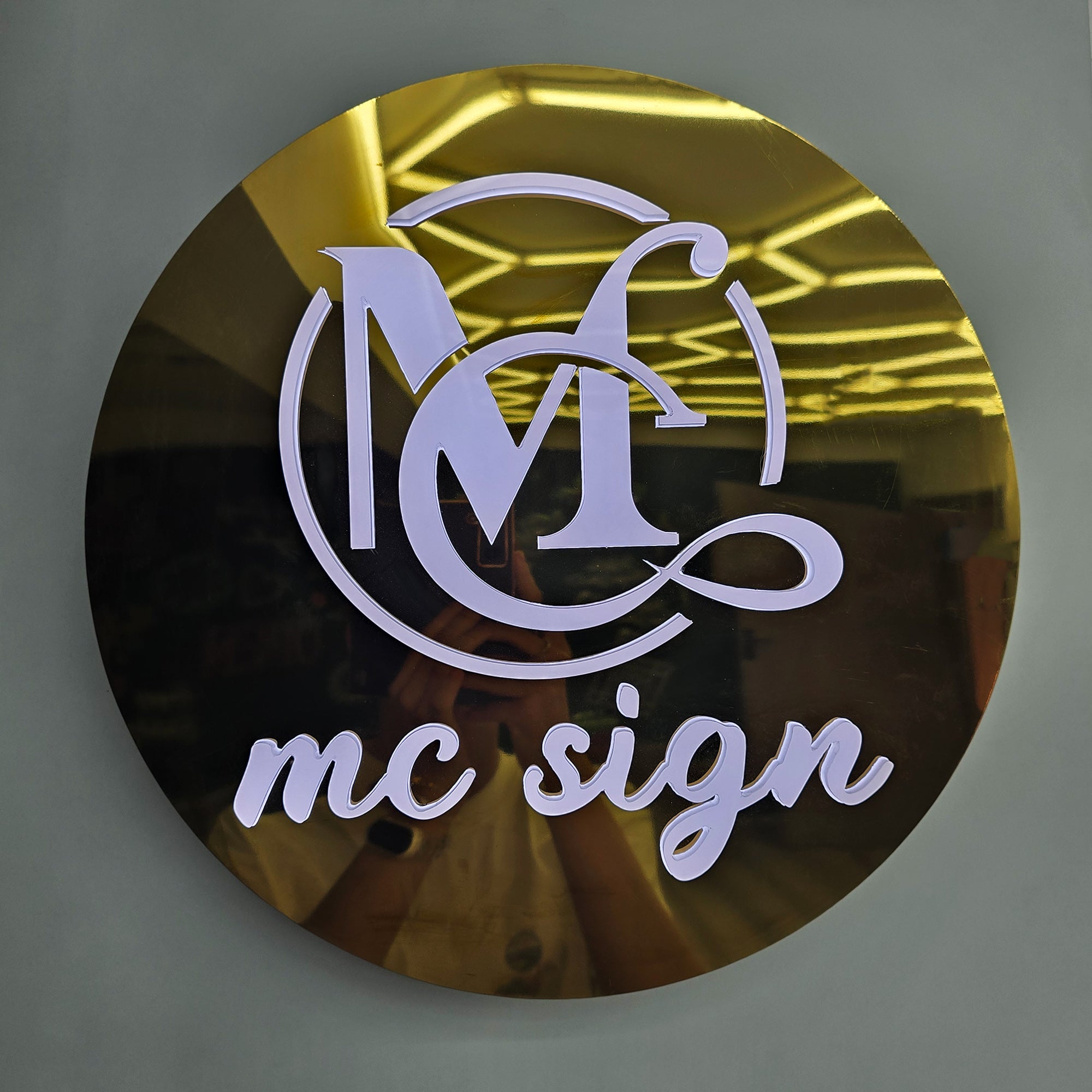 Custom Round Gold Mirror Plate Wall LED Light Box Acrylic Push Through 3D Letter Business Logo Sign