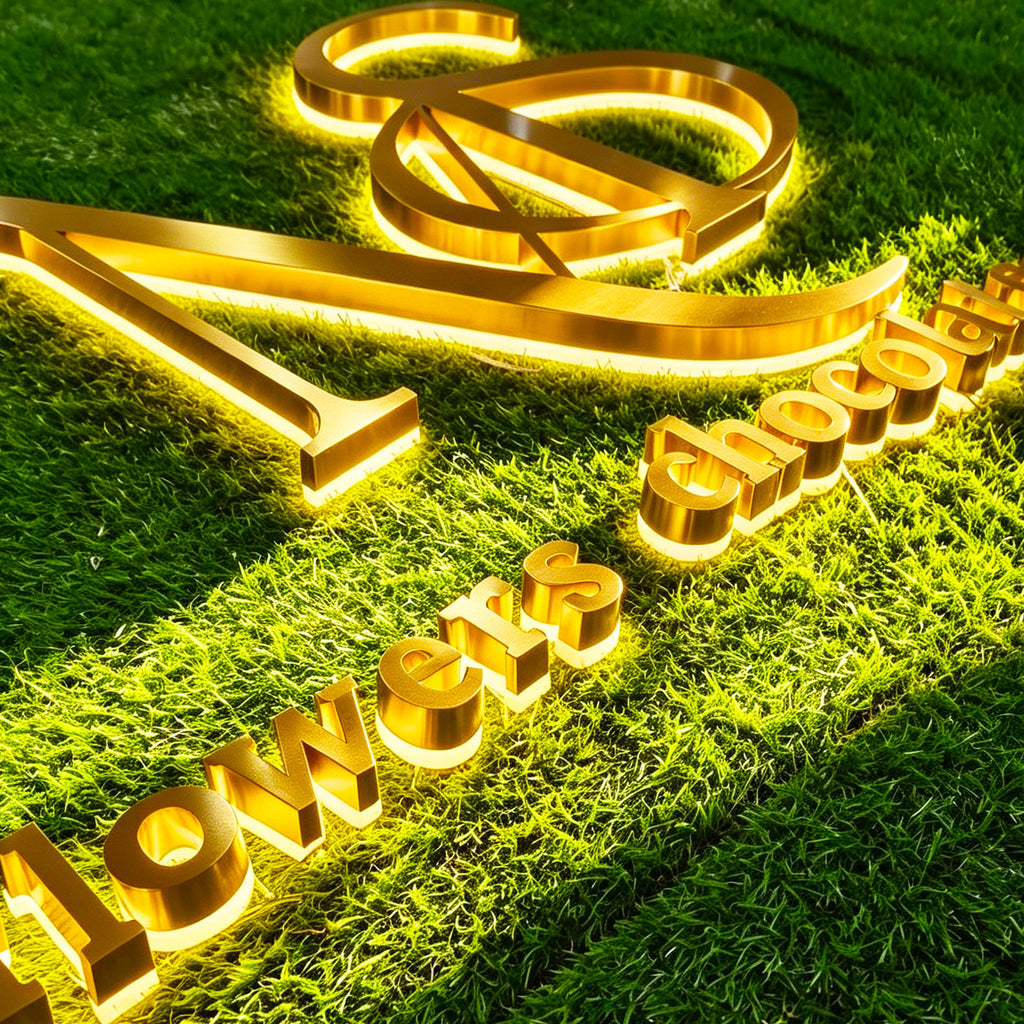 Custom LED Gold Mirror backlit Channel Letters |Illuminated Company Logo Sign