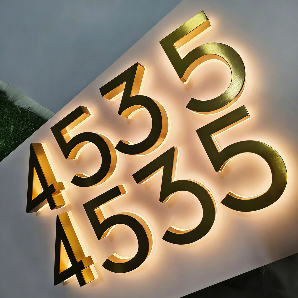 Custom Brushed Gold Backlit LED Room Number Sign | Illuminated Hotel Door Address Numbers