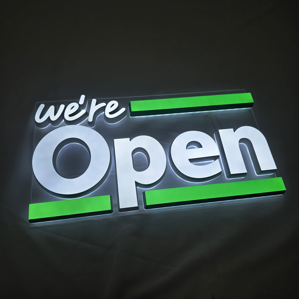 Custom Dual-Lit Acrylic Letters | LED Storefront Open Business Sign