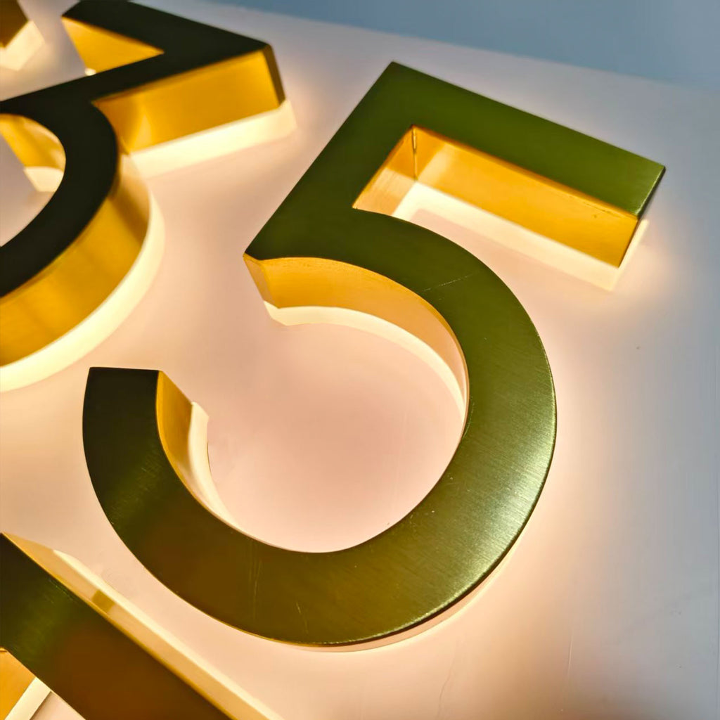 Custom Brushed Gold Backlit LED Room Number Sign | Illuminated Hotel Door Address Numbers