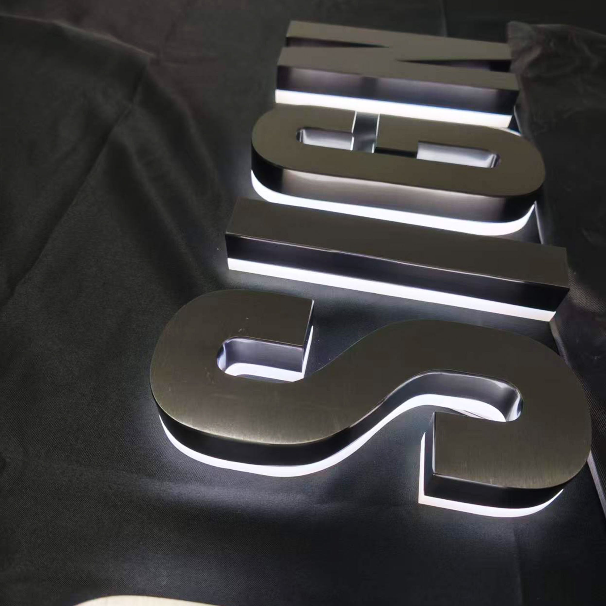 Custom Backlit Channel Letters Black Brushed  Stainless Steel  Illuminated Sign Business Storefront Signs & Office Branding
