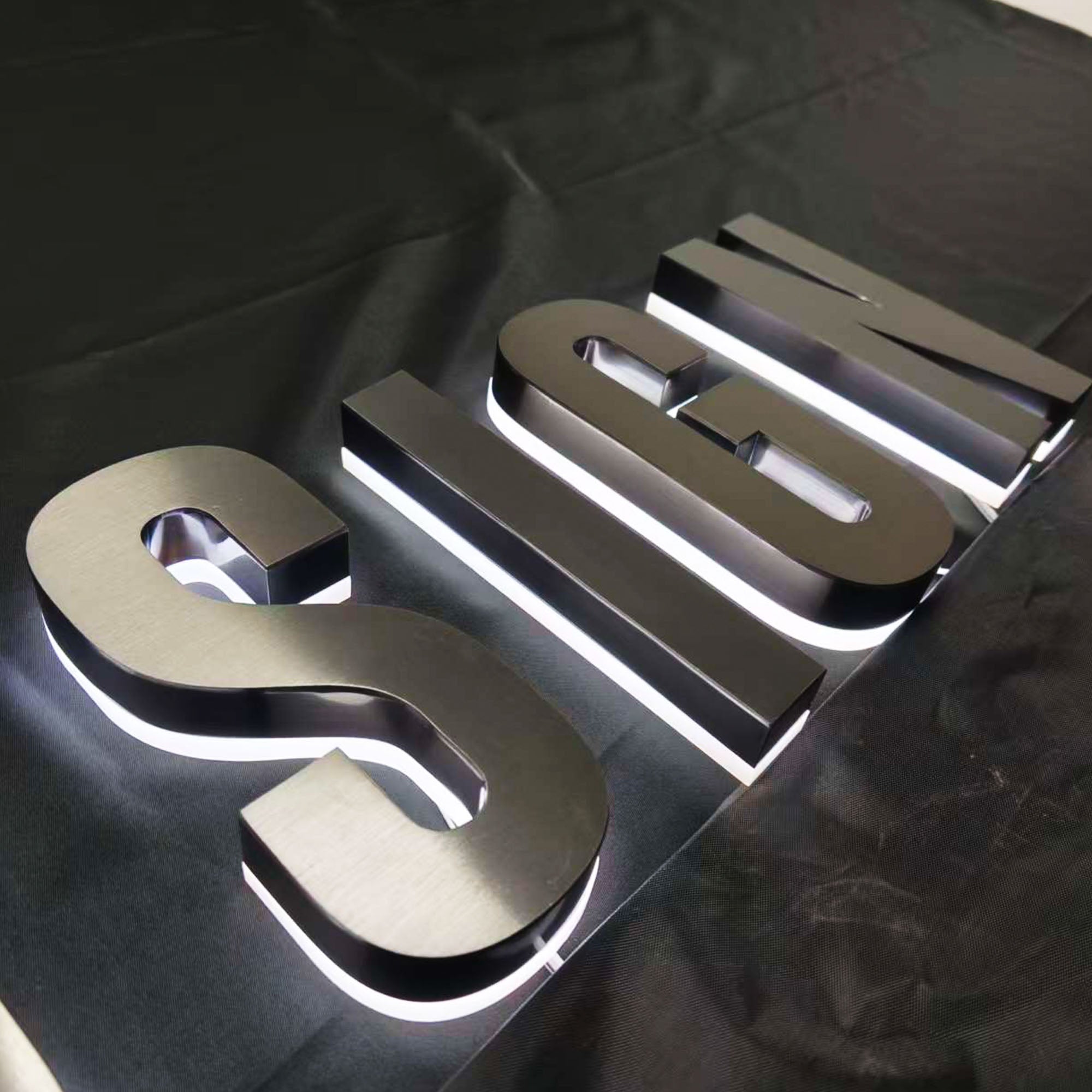 Custom Backlit Channel Letters Black Brushed  Stainless Steel  Illuminated Sign Business Storefront Signs & Office Branding