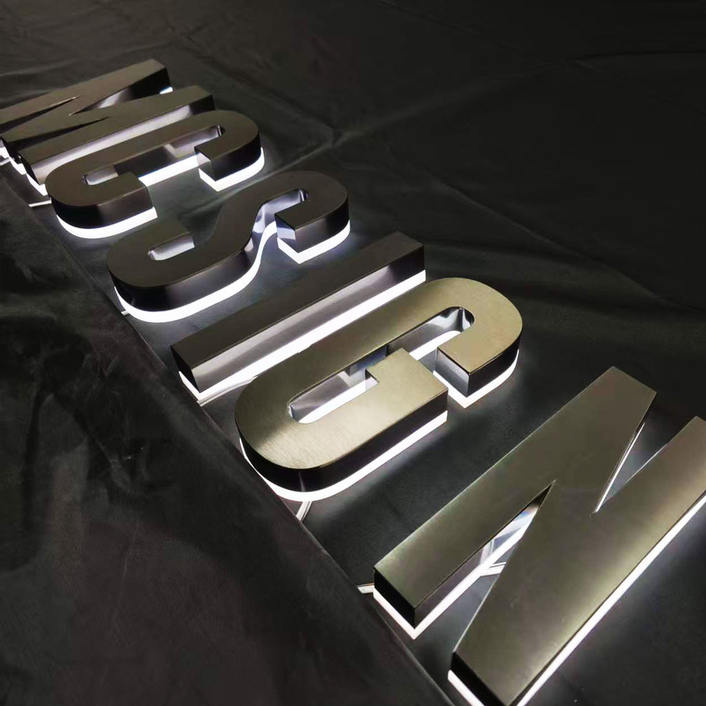 Custom Backlit Channel Letters Black Brushed  Stainless Steel  Illuminated Sign Business Storefront Signs & Office Branding