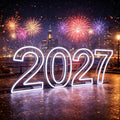 Foldable RGB neon marquee numbers 2027 glowing white with fireworks backdrop