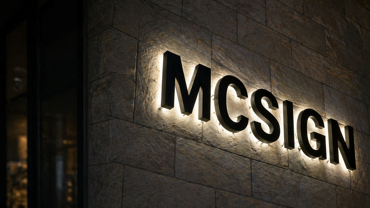 Custom halo-lit sign with 3D black letters glowing on stone facade at night