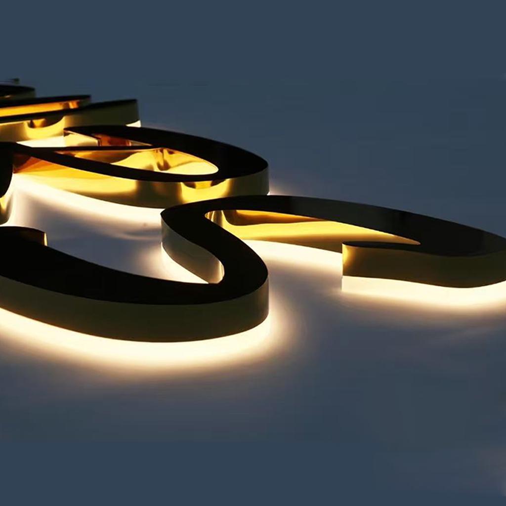 3D Gold Illuminated Logo Sign – Custom Metal Backlit Letters for Business Wall Decor