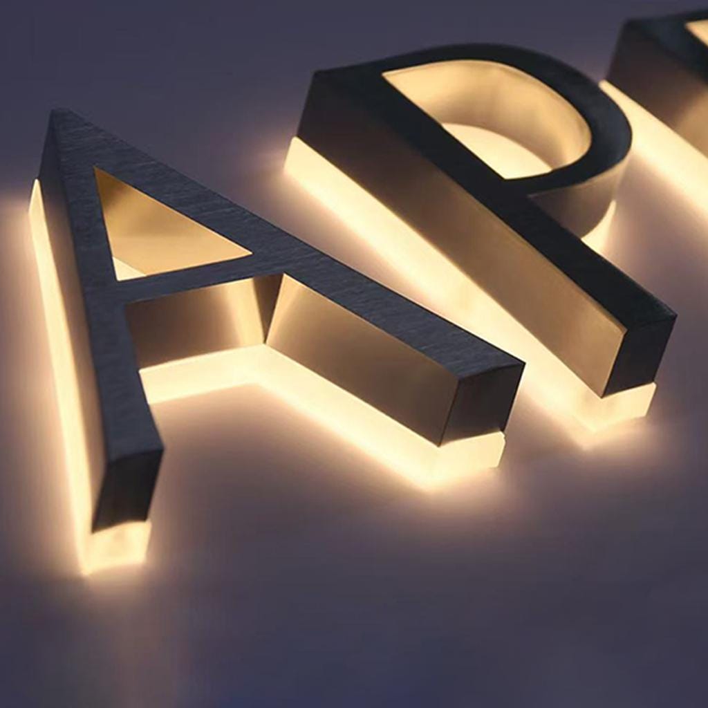 3D Gold Illuminated Logo Sign – Custom Metal Backlit Letters for Business Wall Decor