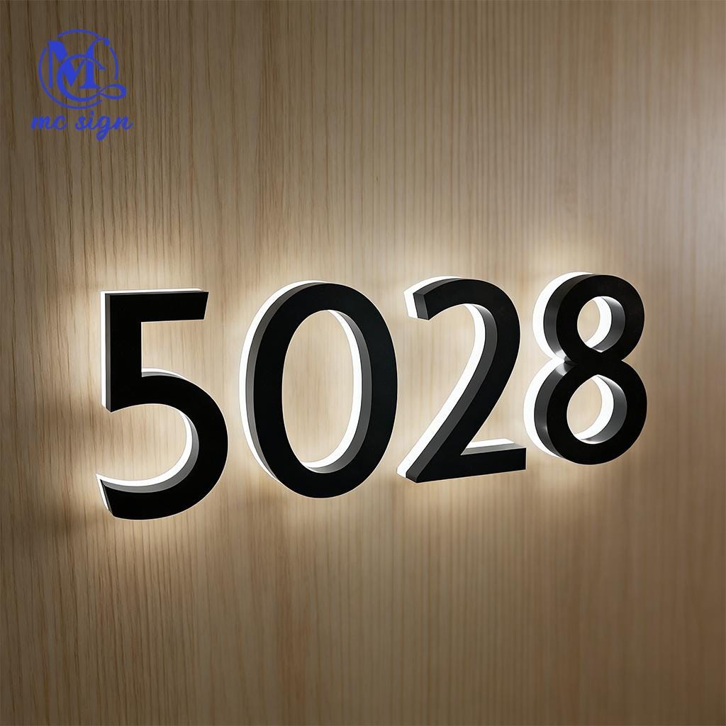 Custom Metal LED Backlit Address Sign, Modern Outdoor Lighted House Numbers, Waterproof Wall Plaque