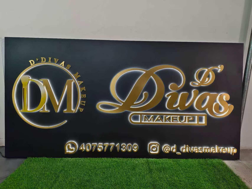 Custom Gold Metal Backlit LED Channel Letters Sign, Business Logo Illuminated Signage